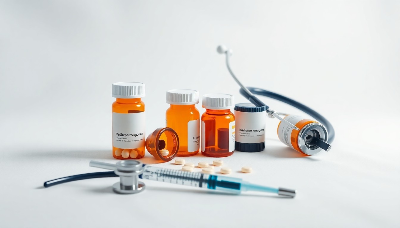 A minimalist studio still life photograph featuring a stack of prescription pill bottles, a syringe, and a stethoscope arranged elegantly on a clean, white background, conceptually representing the integration of pharmacist-led patient support and medication management.