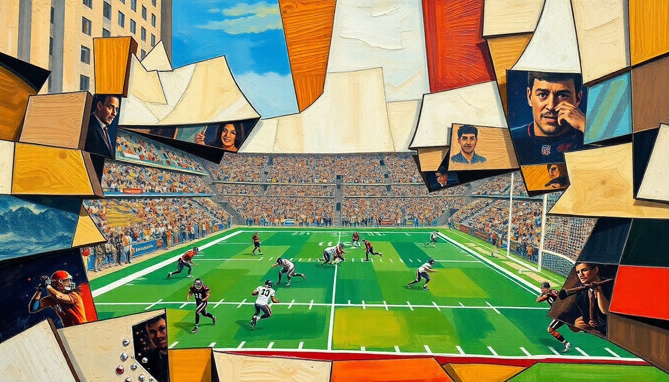 A cubist, geometric painting depicting a fragmented football field, with players and equipment broken down into sharp, overlapping shapes and planes, conveying the chaos and tragedy of Kyren Lacy's false accusation and untimely death.