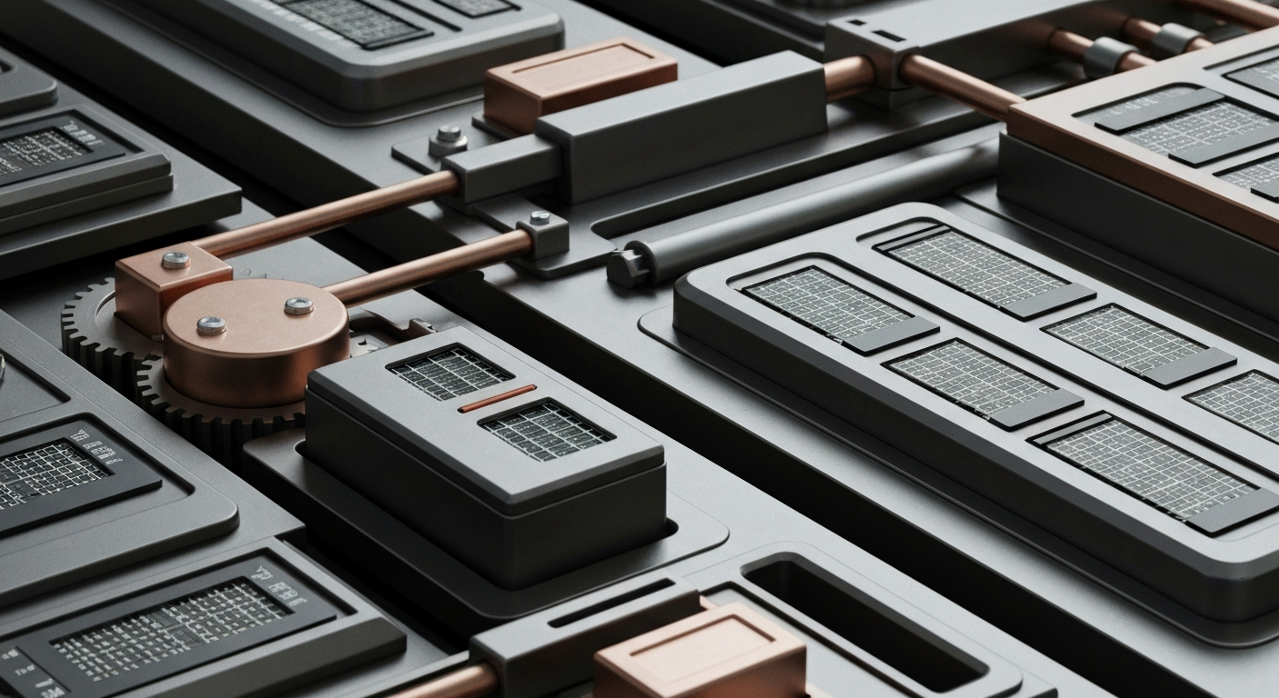 An extreme close-up of various industrial banking components and machinery, conveying the secure and powerful infrastructure of the digital finance industry.