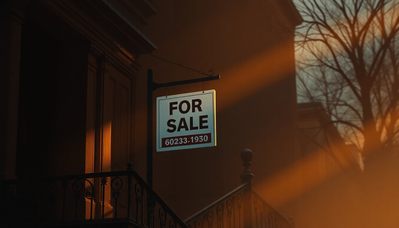 A photorealistic painting of a solitary 'For Sale' sign on a brownstone townhouse, with warm sunlight casting deep shadows across the scene, creating a contemplative, nostalgic mood.