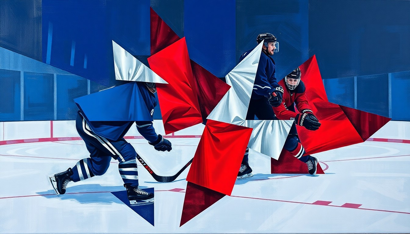 A cubist, geometric painting depicting a fragmented hockey scene, with overlapping planes of navy, red, and silver representing the complex challenges of the Blackhawks' rebuilding process.