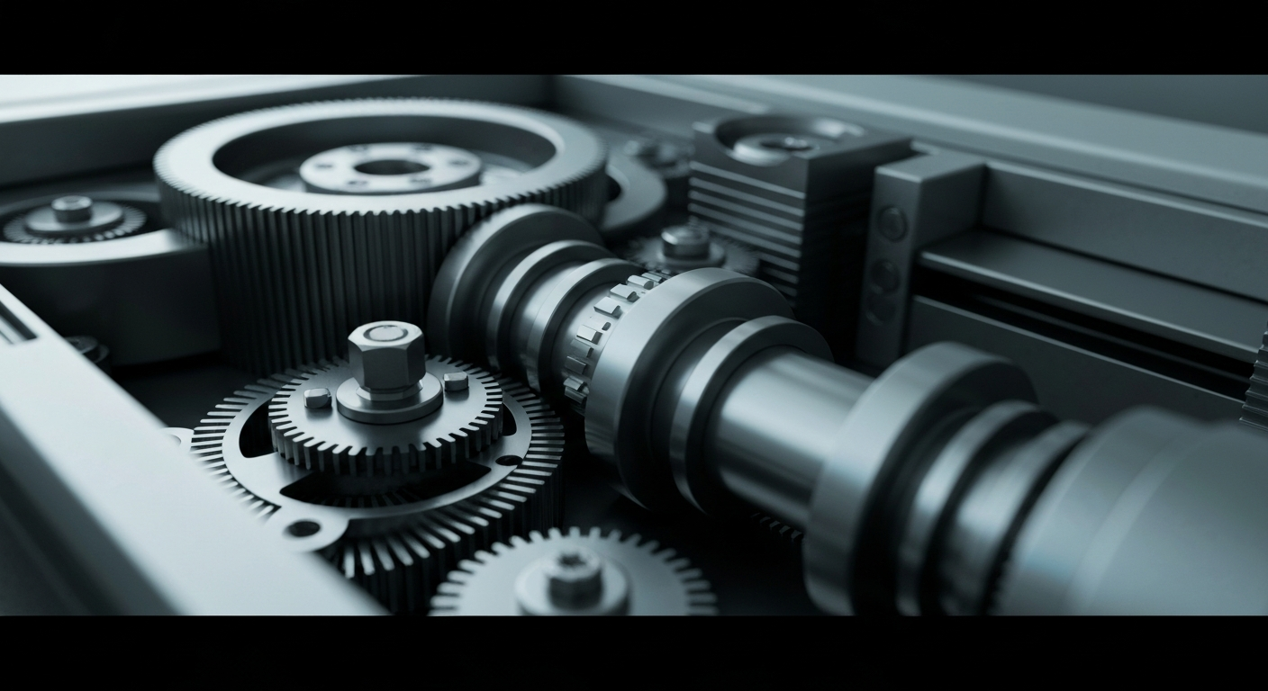 A highly detailed, black-and-white close-up image of the intricate gears, wires, and components of a medical device, conveying the technical complexity and financial challenges facing the rare disease drug industry.