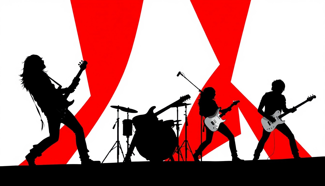 An abstract, minimalist illustration featuring sharp, geometric black silhouettes representing a rock band on stage, set against a high-contrast background of solid red and white colors, conceptually capturing the energy and excitement of a major concert event.