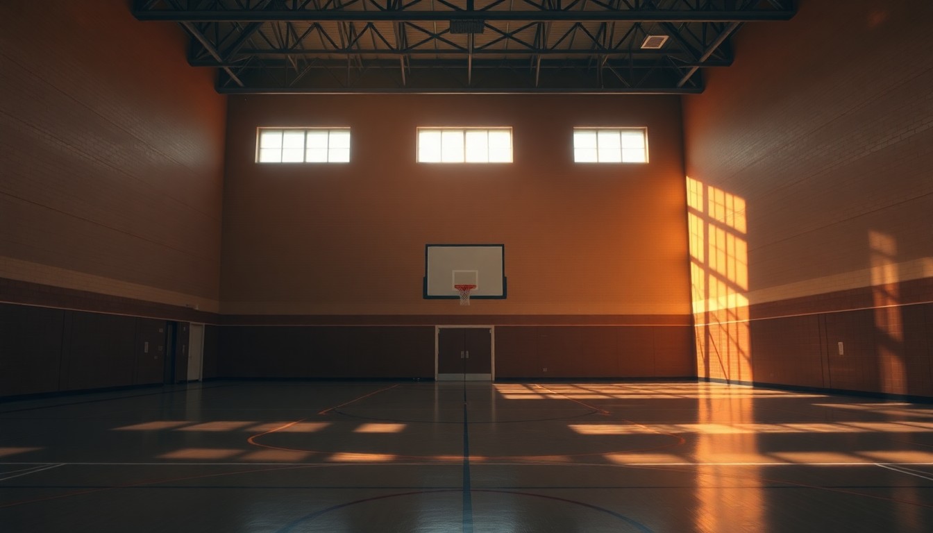 A dimly lit, empty school gymnasium with wooden floors and high ceilings, bathed in warm, diagonal sunlight and deep shadows, conceptually representing the quiet contemplation around political debates over transgender student athletes.