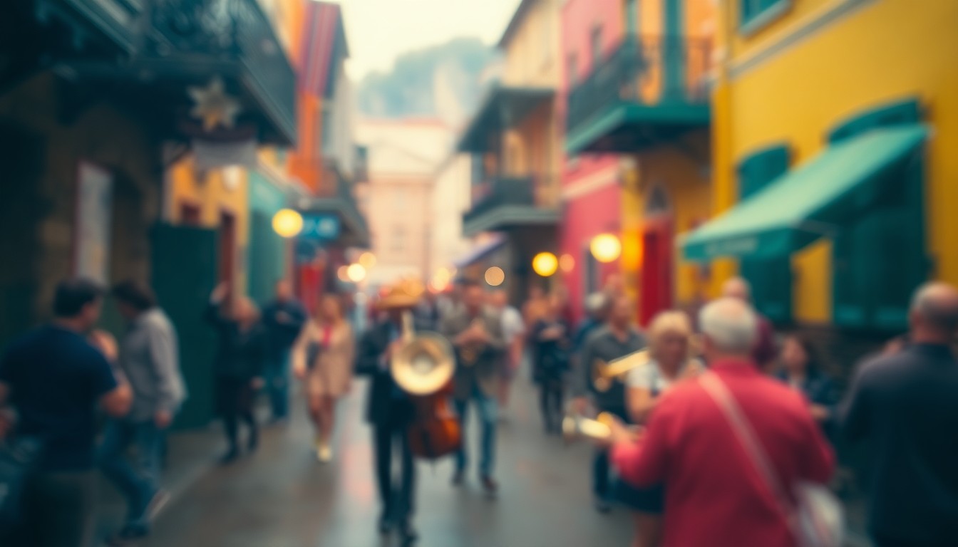 An abstract, impressionistic scene of a lively street in the French Quarter, with blurred figures, colorful buildings, and the faint outline of a musical performance, capturing the festive atmosphere of the annual event.