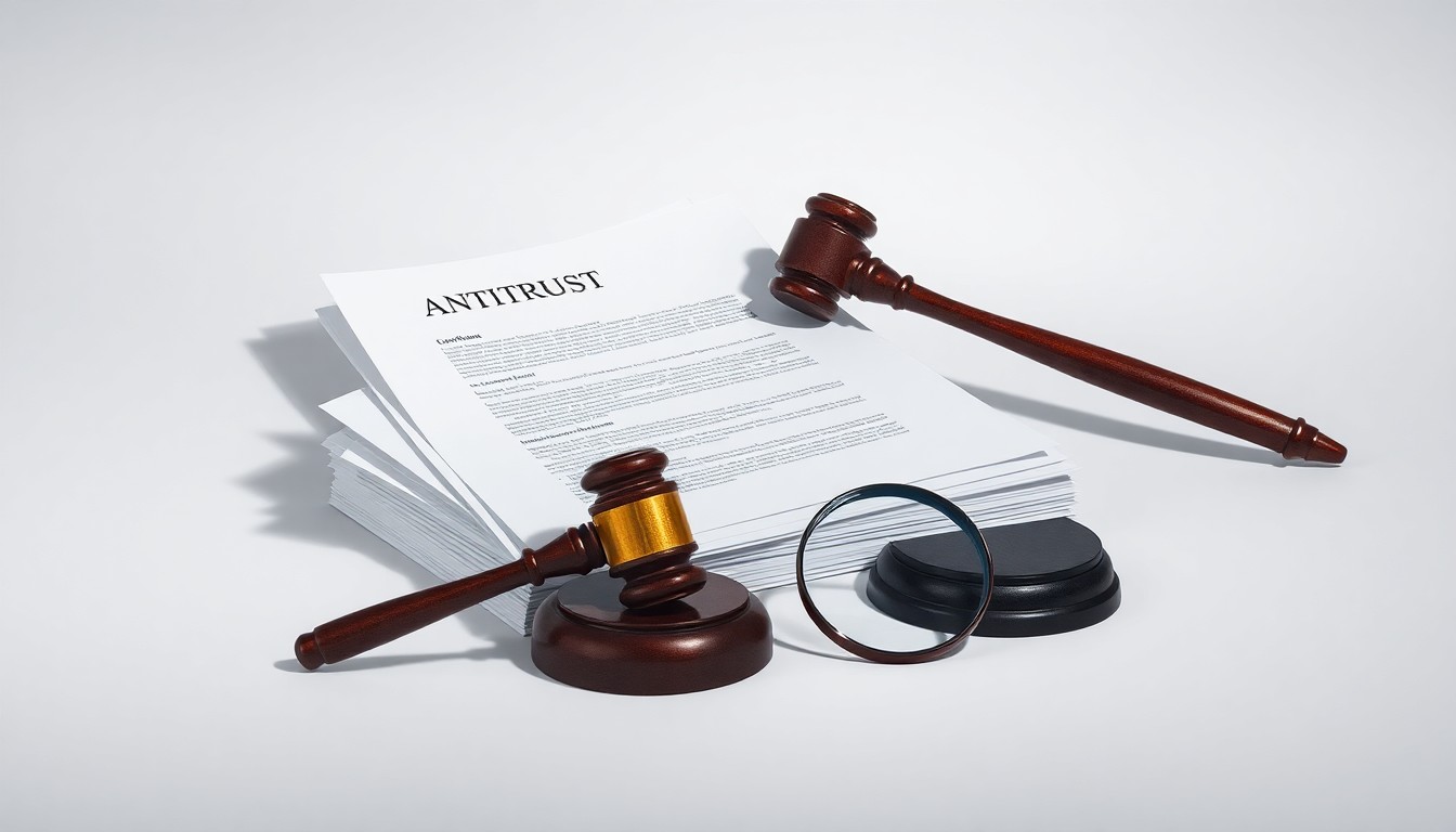 A minimalist studio still-life photograph featuring a stack of legal documents, a gavel, and a magnifying glass arranged on a clean, monochromatic background, conceptually representing the abstract concepts of antitrust law and complex litigation.