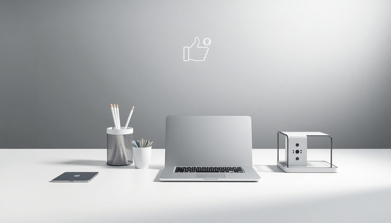 A high-end, photorealistic studio still-life photograph featuring a sleek, modern laptop computer, a minimalist desk organizer, and a stylized social media icon graphic floating above the setup, conceptually representing the use of social media data analysis by local governments.