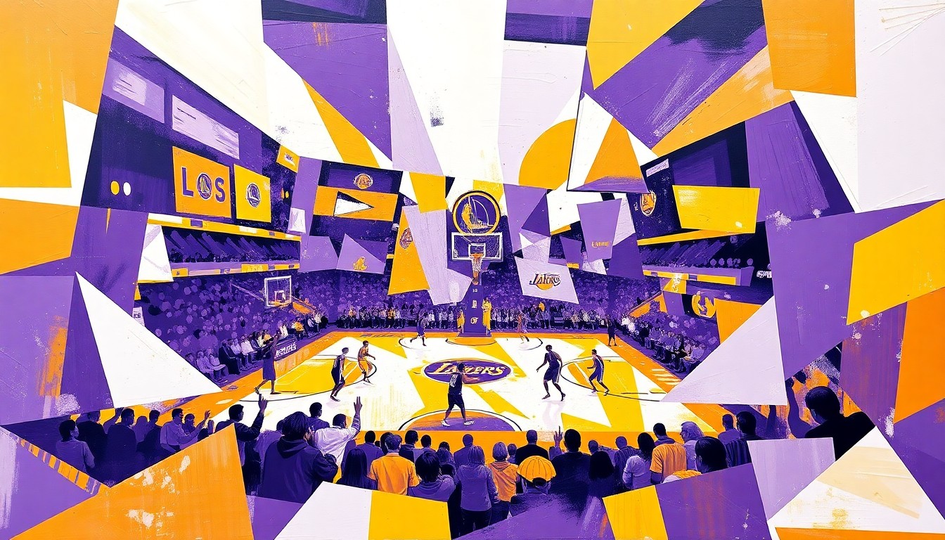 A fragmented, geometric painting depicting a Lakers basketball game, with sharp planes of purple, gold, and white overlapping to create a cubist, multi-perspective scene.