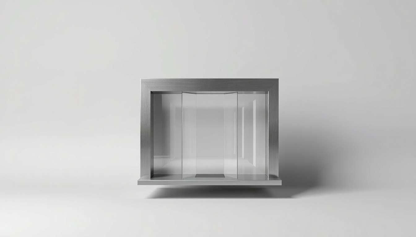 A highly detailed, photorealistic studio still life of a sleek, geometric retail storefront model made of brushed metal and glass, floating on a clean white background and dramatically lit to convey the abstract concept of a successful commercial real estate investment.