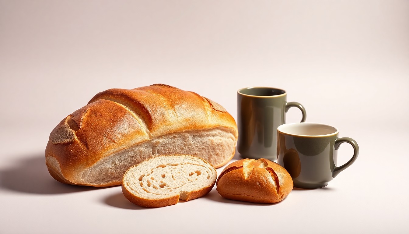 A high-end, photorealistic studio still-life photograph featuring a fresh-baked Paris Baguette loaf, a ceramic coffee mug, and a few artfully arranged pastries on a clean, monochromatic seamless background, conceptually representing the premium quality and community-focused spirit of the new bakery café.