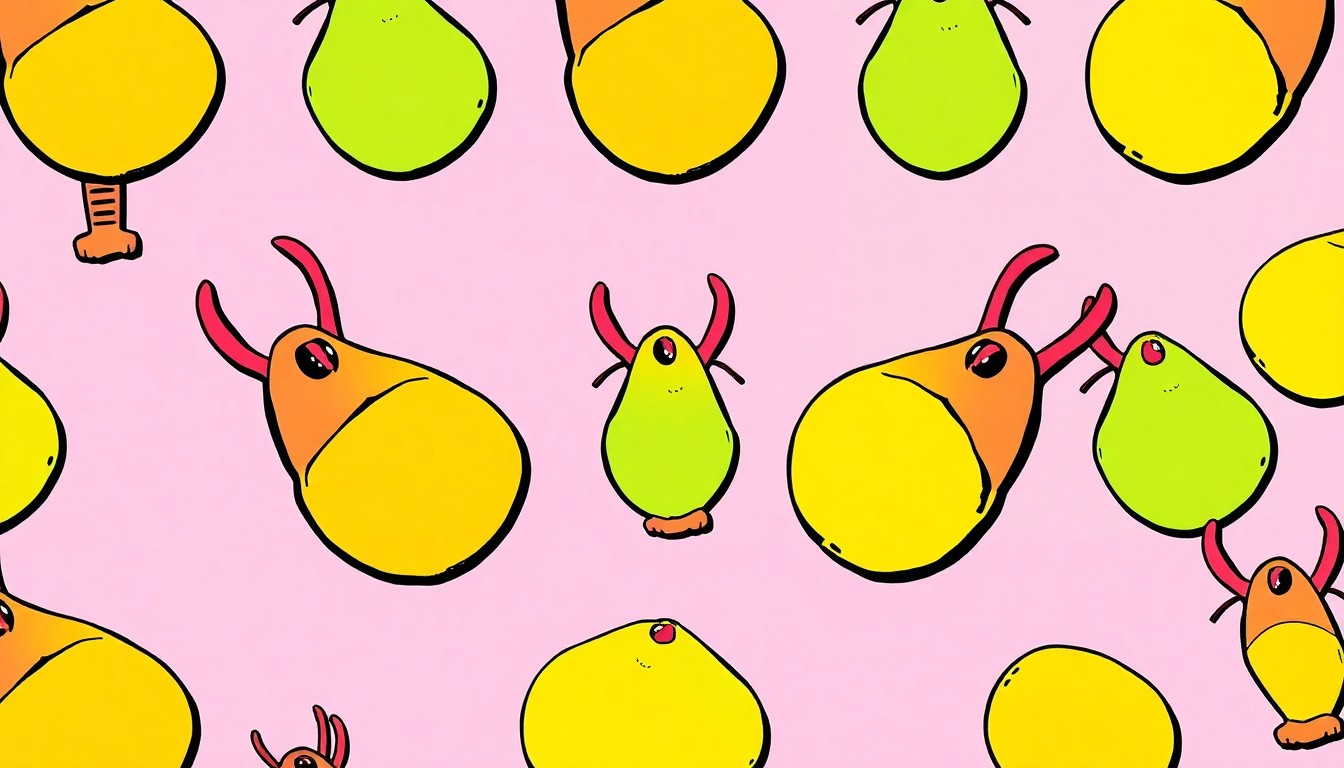 A highly stylized, abstract illustration of a crawfish-shaped ice cream scoop repeated in a vibrant, neon-colored grid, capturing the playful and eye-catching nature of this unusual dessert offering.