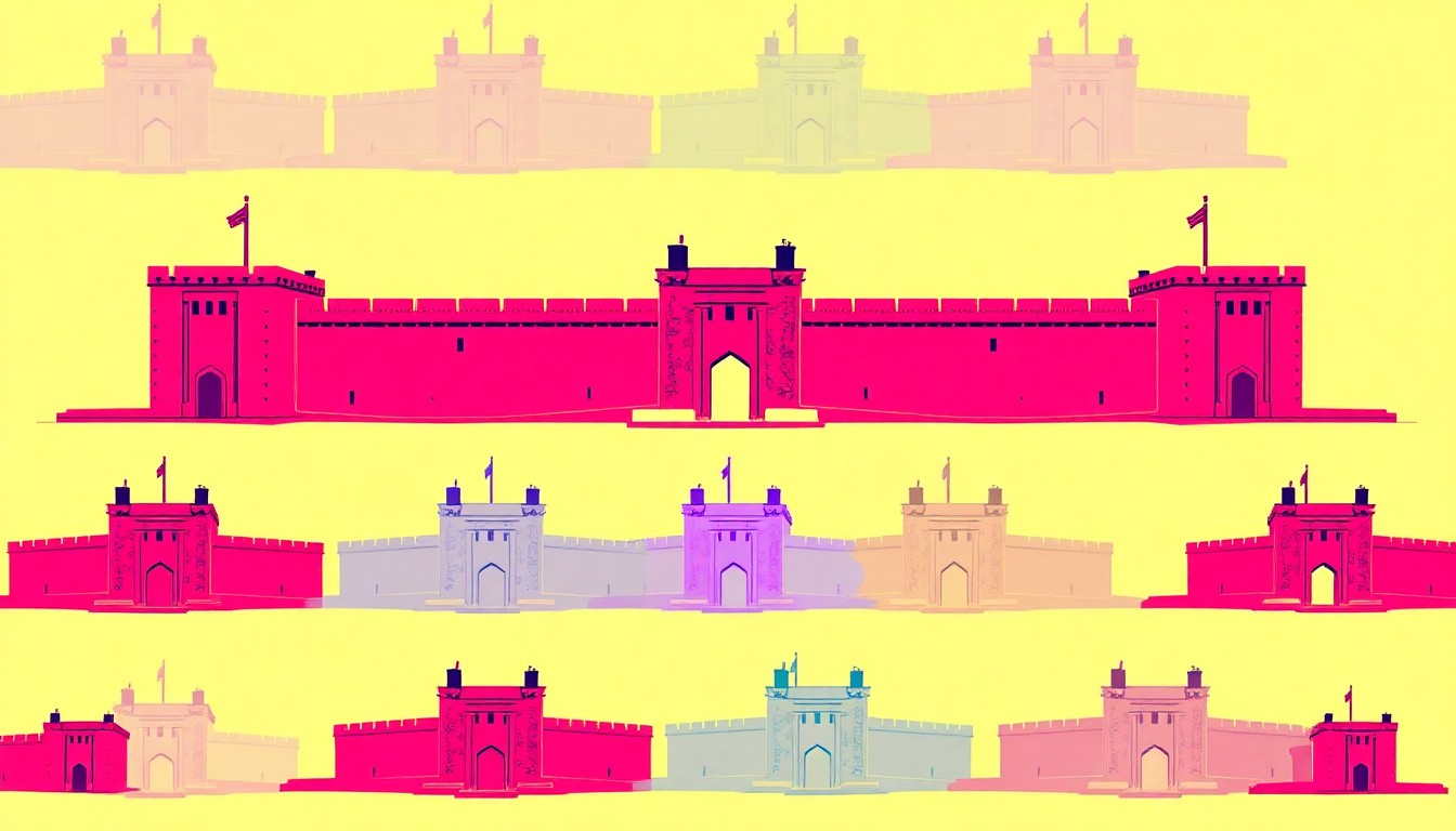A bold, graphic silkscreen illustration featuring the iconic Fort Delaware structure repeated in a colorful, abstract grid pattern, capturing the landmark's historic importance in a modern pop art style.