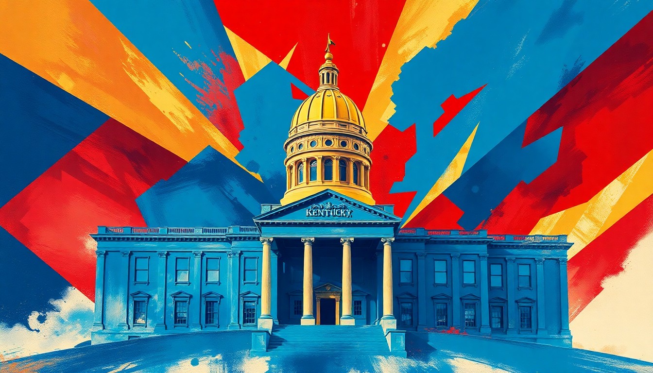 A vibrant, abstract painting featuring overlapping geometric shapes and waves of blue, red, and gold colors, conceptually representing the heated political contest for Kentucky's open Senate seat.