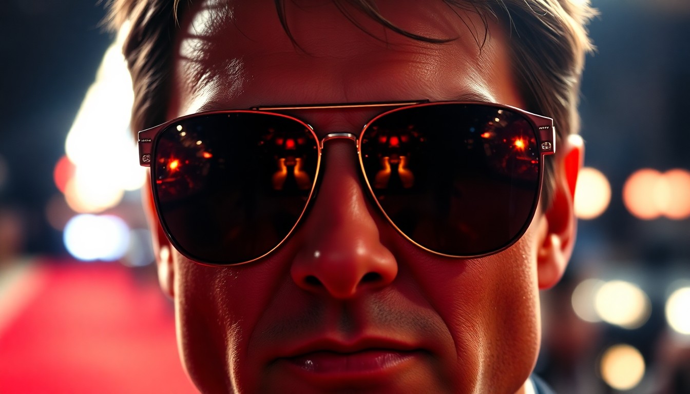 An extreme close-up photograph of a pair of aviator sunglasses reflecting the bright lights and glitz of a red carpet premiere, capturing the glamour and star power of the 'Top Gun' franchise.