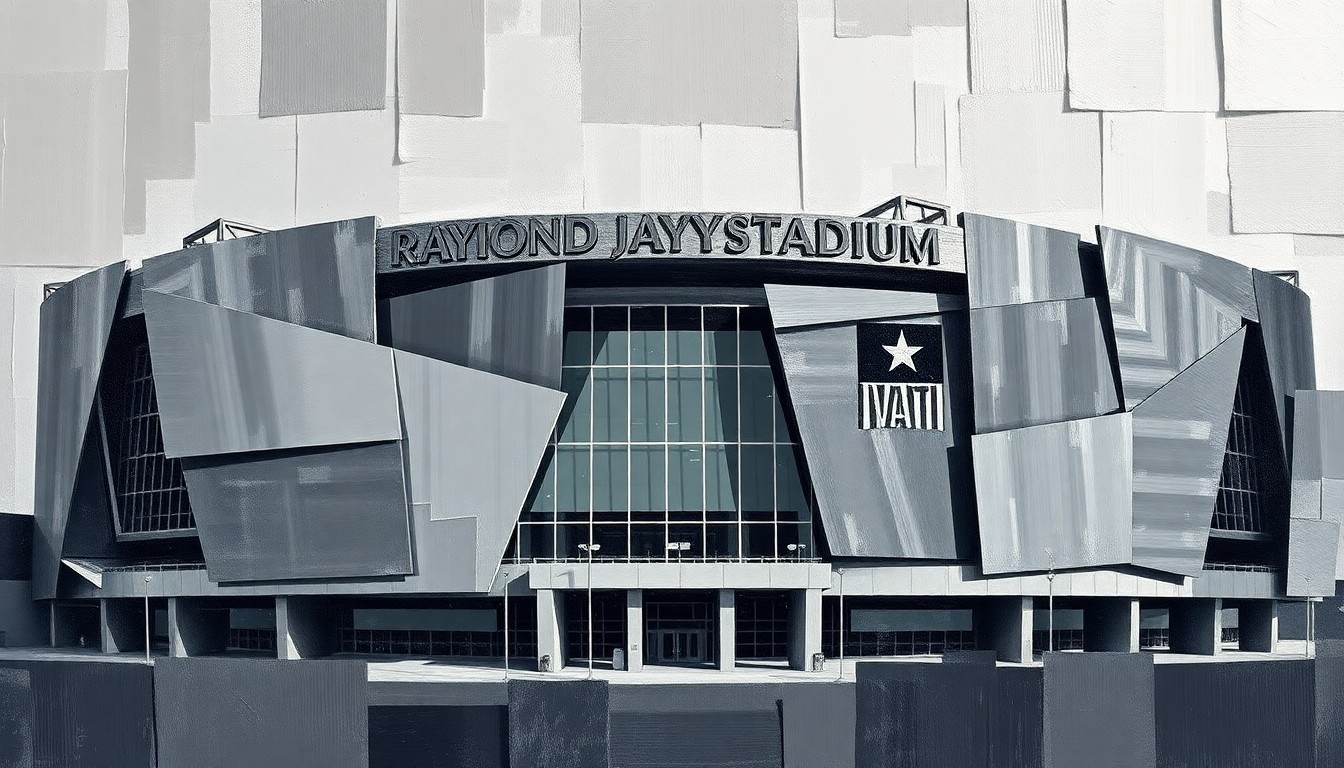 A cubist, geometric painting depicting the exterior of Raymond James Stadium broken down into overlapping planes of grey and dark colors, representing the proposed renovations to the aging NFL venue.
