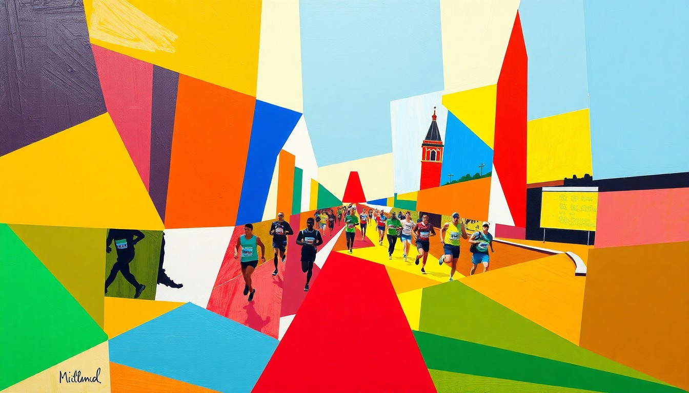 A cubist, geometric painting depicting the London Marathon and Invictus Games in a fractured, multi-perspective style, with overlapping planes of bright primary colors and bold, angular shapes.