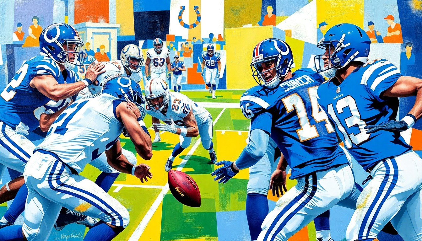 A cubist, geometric painting depicting a fragmented football game, with sharp planes of blue, white, orange, and yellow representing the Colts' uniforms and the action on the field.
