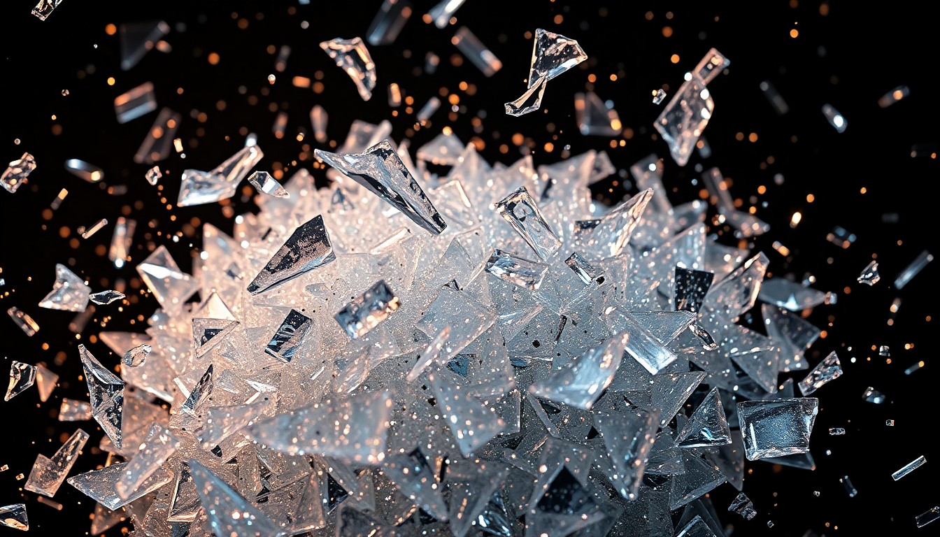 An abstract close-up photograph of shimmering, jagged glass shards illuminated by dramatic studio lighting, conveying a sense of high-end glamour and cinematic spectacle.