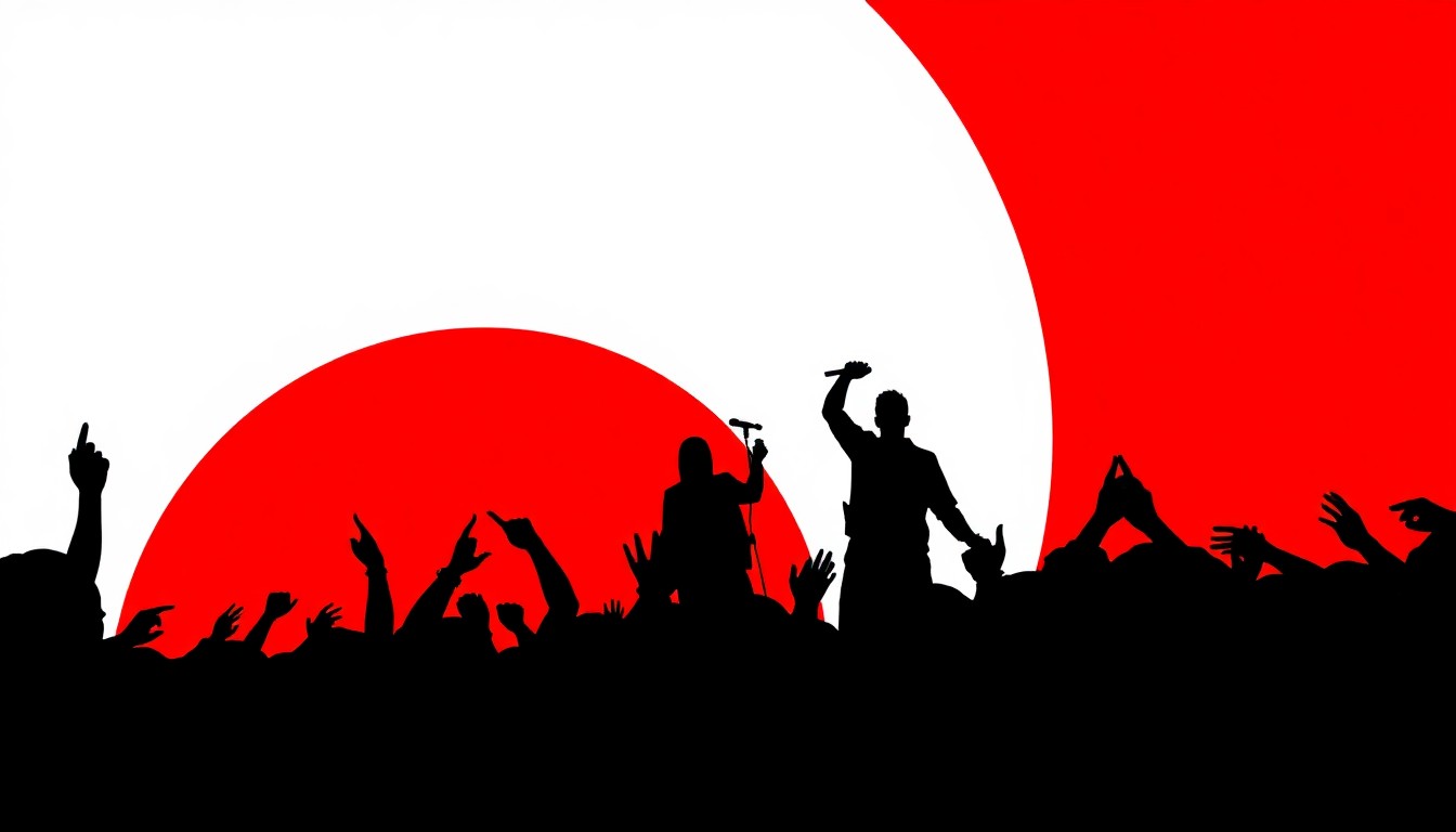 A dynamic abstract illustration using bold black shapes and bright red and white colors to conceptually represent the energy and community of independent music venues.