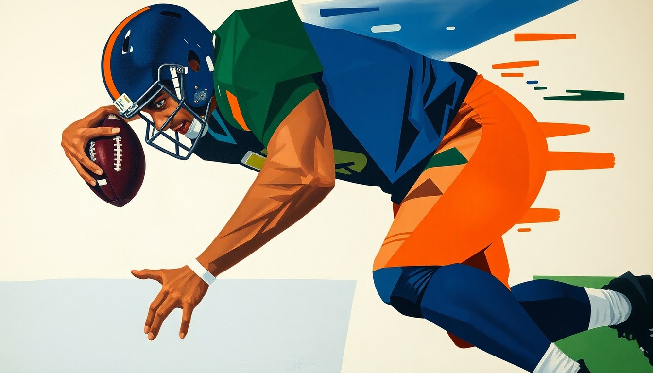 A fragmented, geometric painting depicting a linebacker making a tackle, with sharp planes of navy, green, and orange representing the raw physicality and multi-dimensional skills required for the position.