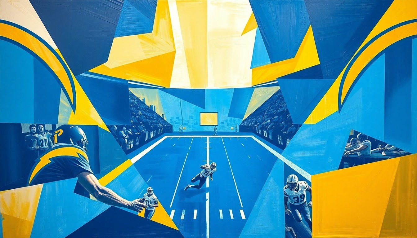 A cubist, geometric painting in the Chargers' team colors, depicting fragmented, overlapping shapes and planes that represent the action and movement of a football game.