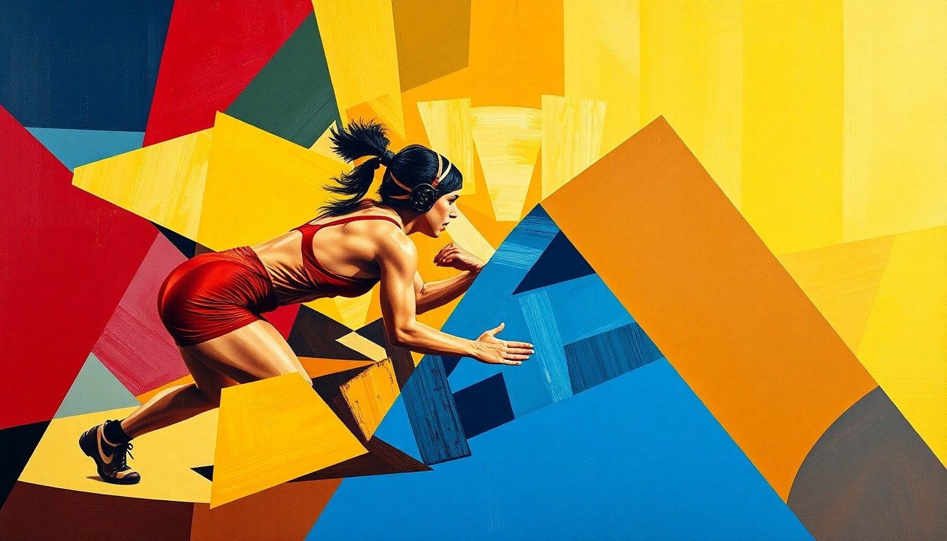 A cubist, geometric painting depicting the dynamic movements and overlapping perspectives of a women's wrestling match, using Iowa State's official team colors.