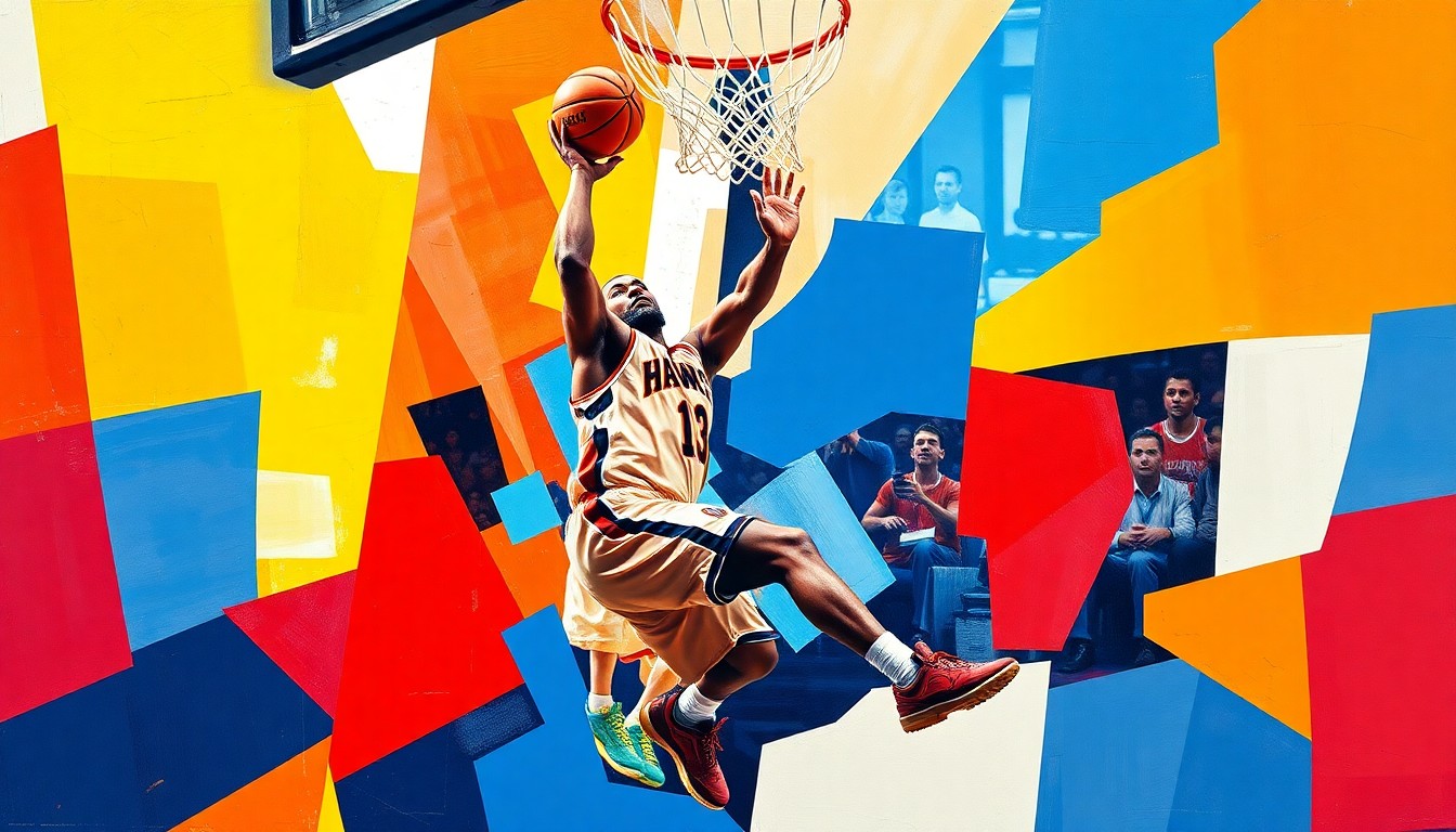 A cubist, fragmented painting depicting the motion of a basketball player driving to the hoop, with the sharp geometric shapes and overlapping planes representing the dynamic action of the game.
