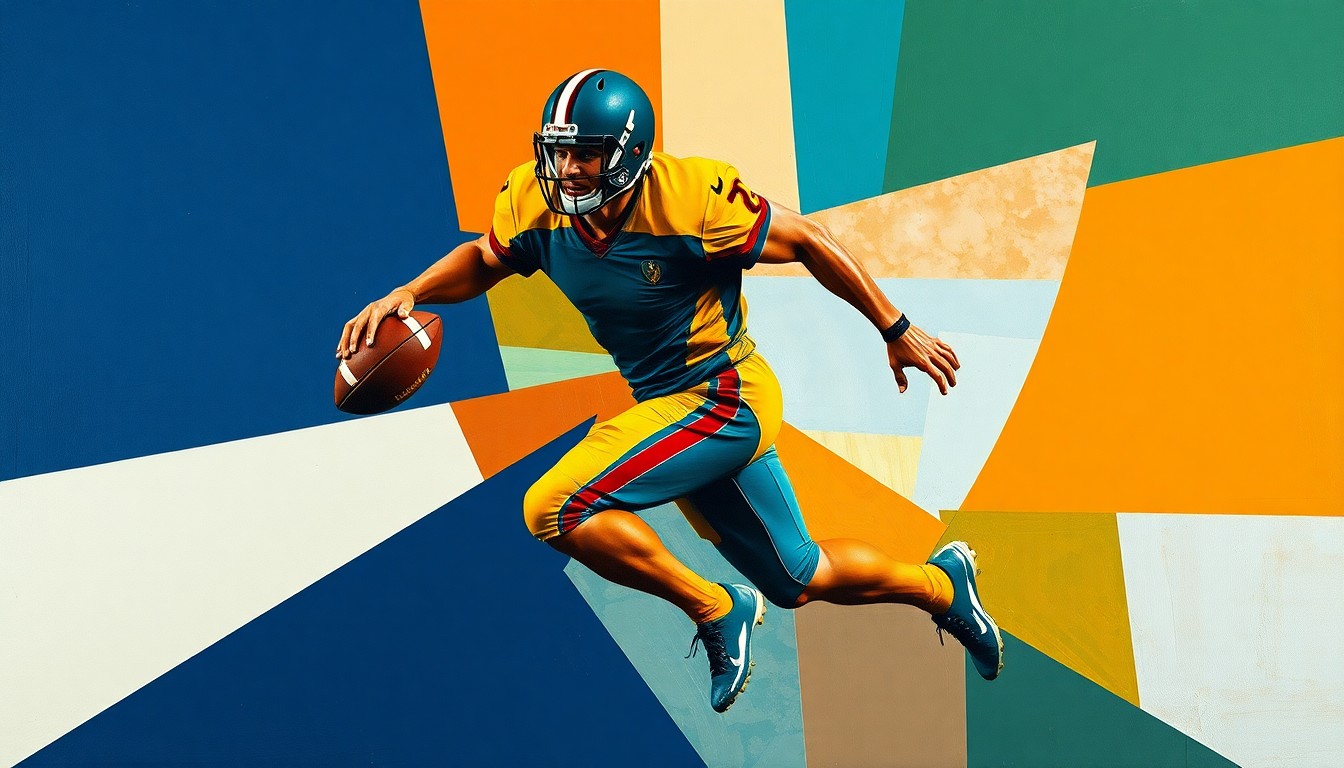A cubist-style painting depicting a football player in mid-stride, their body broken down into sharp, overlapping geometric planes in navy, orange, and green, conveying the dynamic energy of the sport.