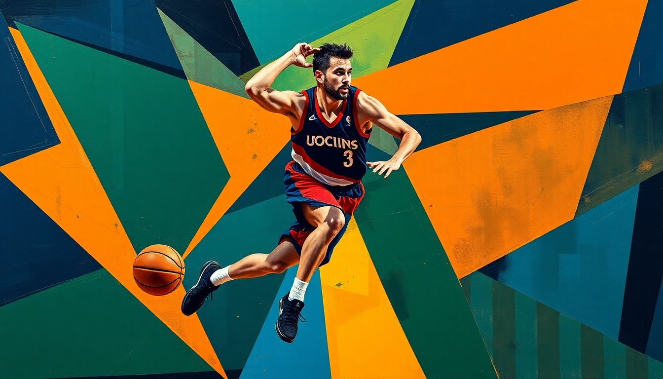 A cubist, geometric painting depicting the fluid movements and skills of a basketball player, rendered in a palette of navy, green, and orange, conceptually representing the dynamic play of Nuggets center Nikola Jokic.