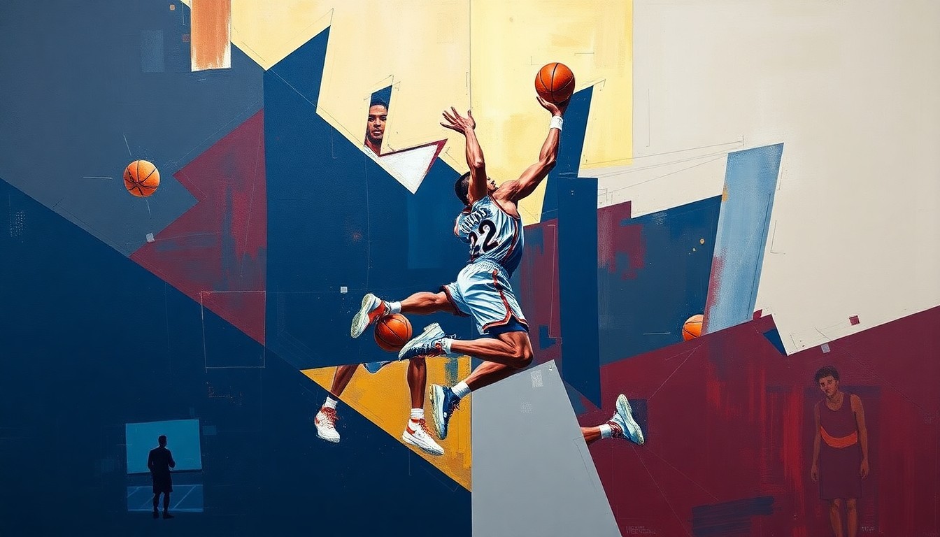 A cubist-style painting depicting a basketball player's jump shot broken down into sharp, overlapping geometric shapes in navy, red, and gold, conveying the dynamic energy and skill of the sport.