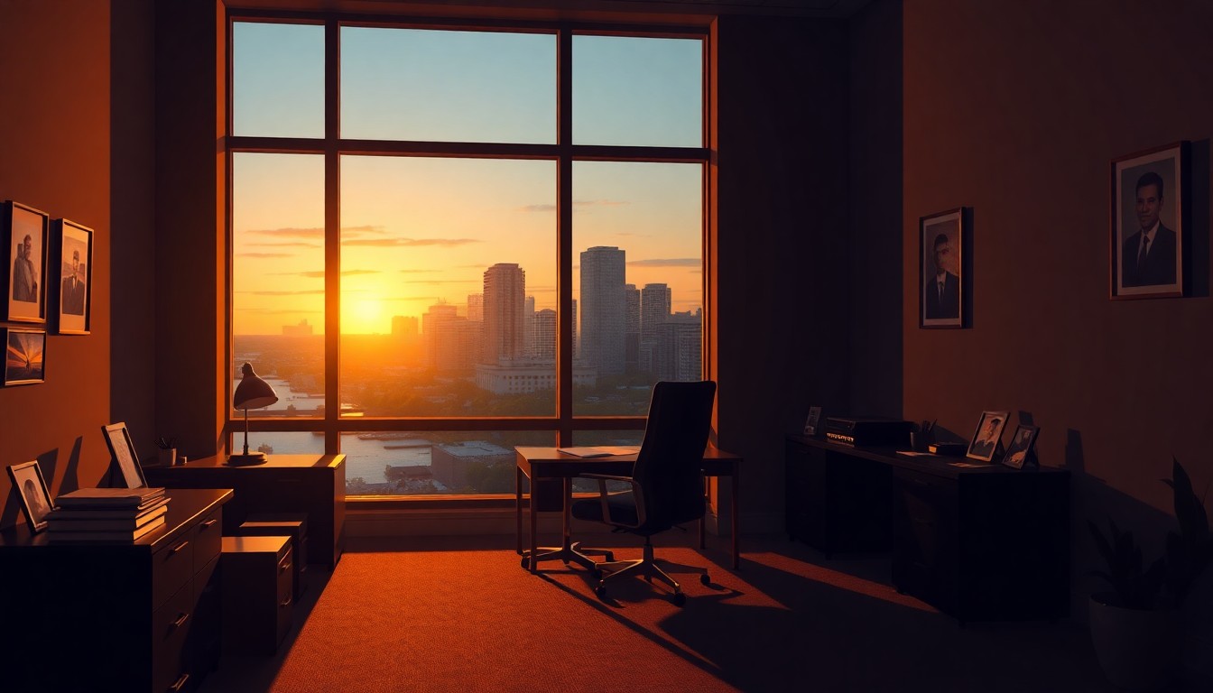 A dimly lit office with a large window overlooking the Jacksonville skyline at dusk, capturing the contemplative mood of a political leader considering their next steps.