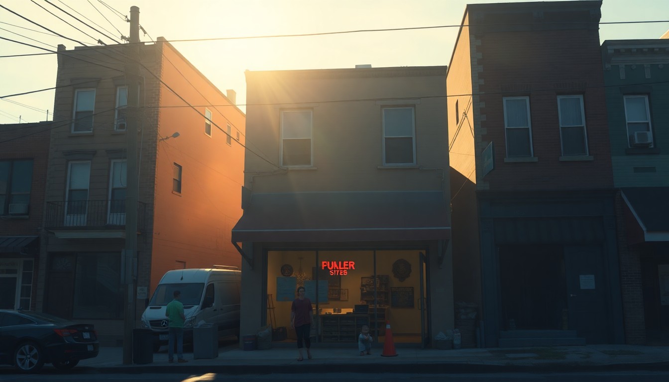 A warm, textured painting depicting the facade of a small neighborhood storefront, with sunlight casting long shadows across the weathered brick and signage. The image conveys a sense of quiet resilience and untapped potential within the community.