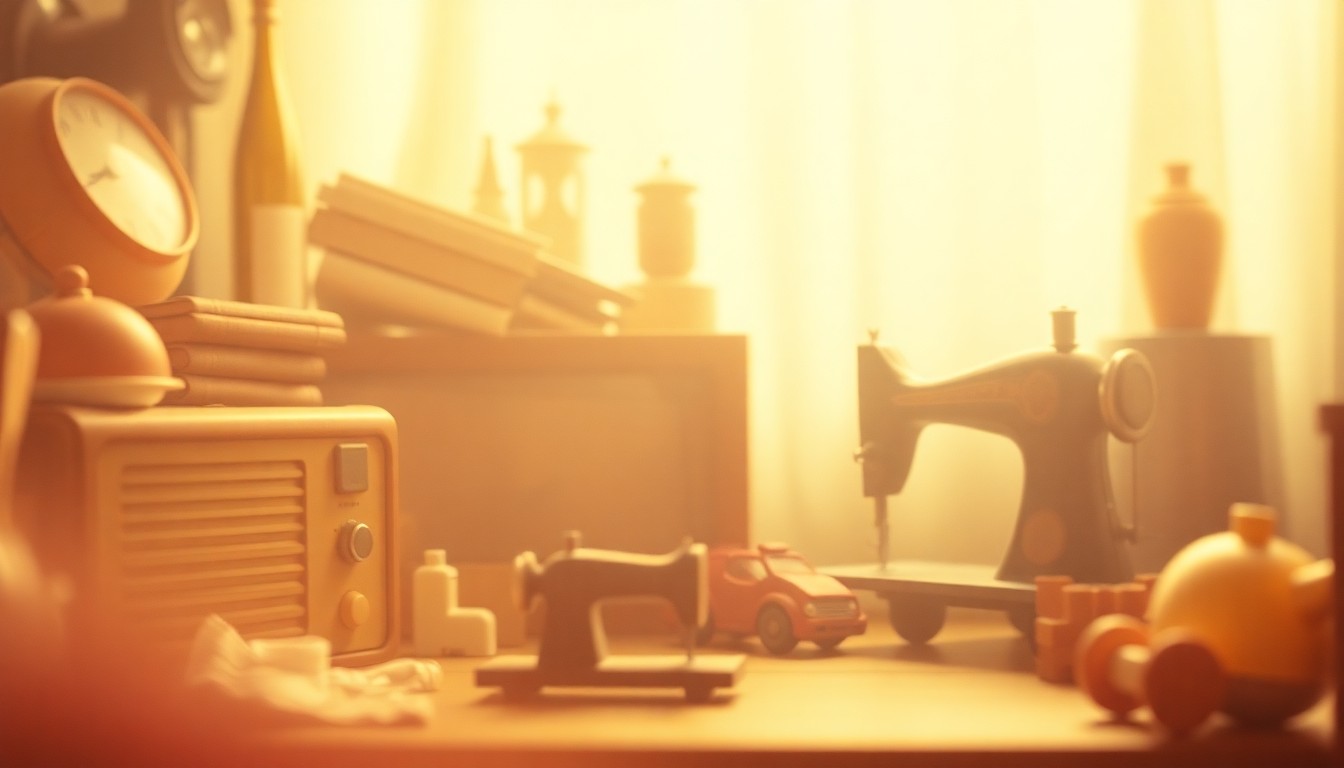An abstract, out-of-focus photograph depicting a variety of household items and personal treasures in soft, warm tones, conceptually representing the spirit of the Fix-It Clinic event.