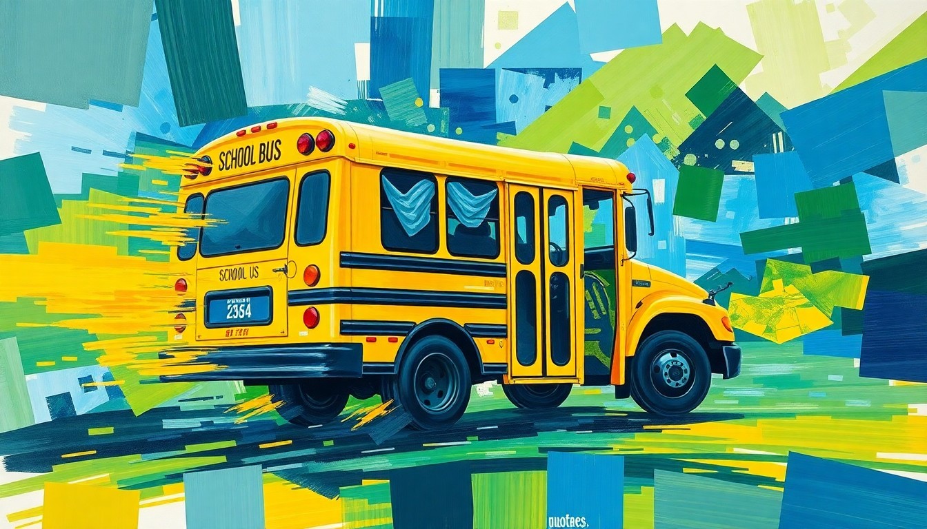 A dynamic, abstract painting featuring a fragmented school bus in motion, with overlapping geometric shapes and vibrant colors, conceptually representing the turbulence of budget negotiations impacting the local education system.