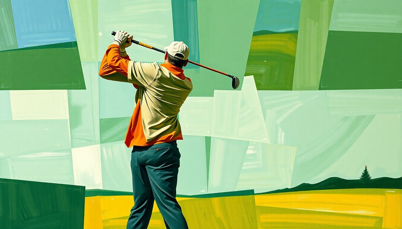A fragmented, geometric painting depicting a golfer in mid-swing, their club and body broken down into sharp, angular planes of color, conveying the raw emotion and lack of control seen in on-course meltdowns.