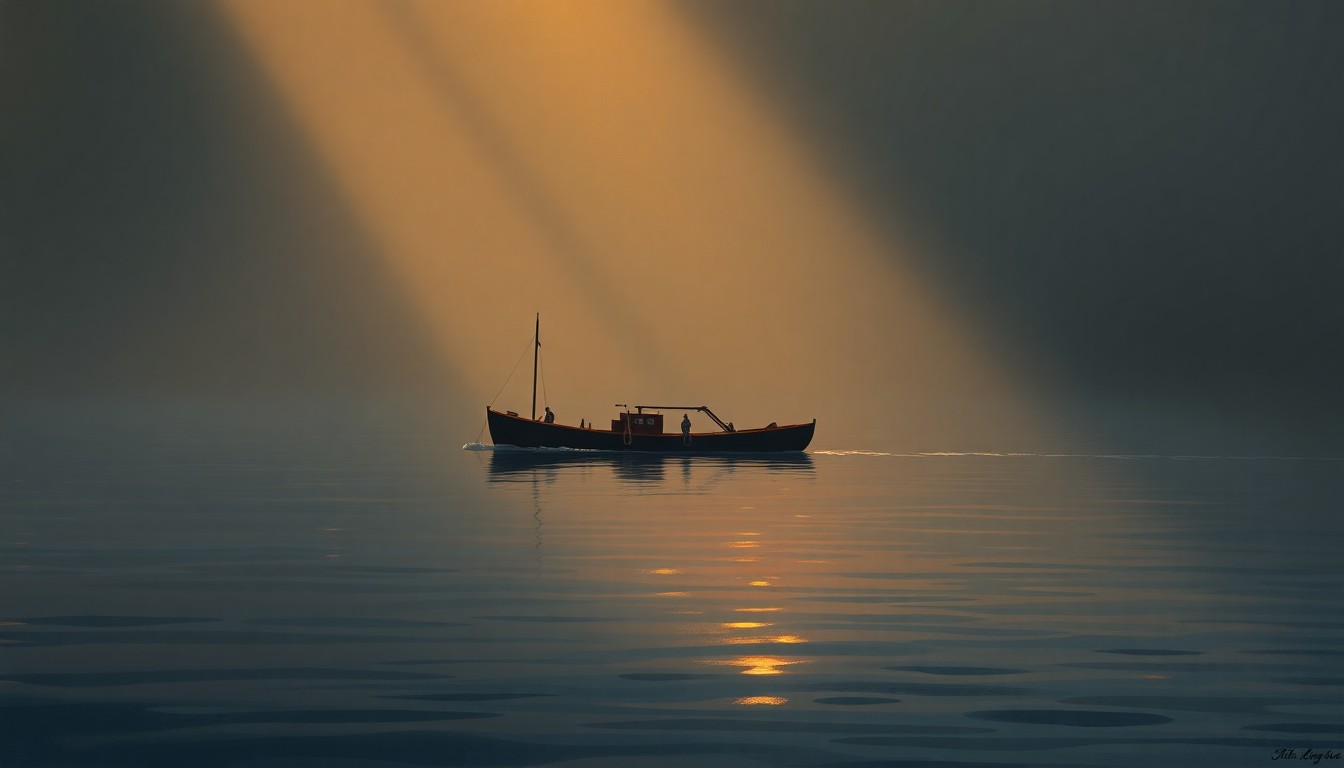 A serene, cinematic painting depicting a lone whaleboat drifting on the calm waters of the Great South Bay, with the boat's wooden hull and oars reflected in the still surface. The scene is bathed in warm, golden sunlight and deep shadows, creating a nostalgic, almost melancholy mood.