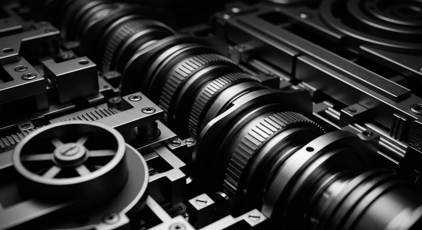 A dramatic, high-contrast black-and-white close-up of various gears, levers, and other industrial components that make up the inner workings of financial machinery, conveying a sense of the power and complexity underlying the software and technology sectors.