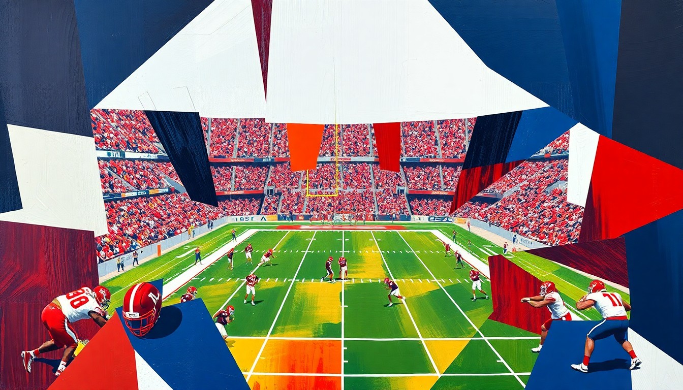 A cubist, geometric painting featuring overlapping planes of crimson red, white, and navy blue, capturing the dynamic energy and competitive spirit of an Alabama football practice or game.