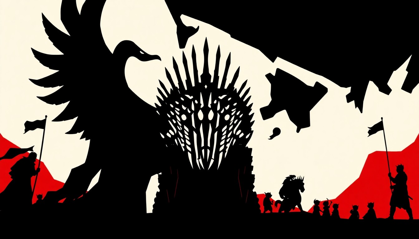 A striking, minimalist illustration featuring bold, jagged geometric shapes in shades of red and black, conceptually representing the conquest of Westeros and the creation of the Iron Throne.