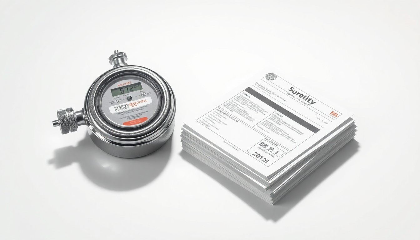 A photorealistic studio still life featuring a polished metal electrical meter and a stack of utility bills, conceptually representing the abstract issues of corporate responsibility and consumer protection during extreme weather events.