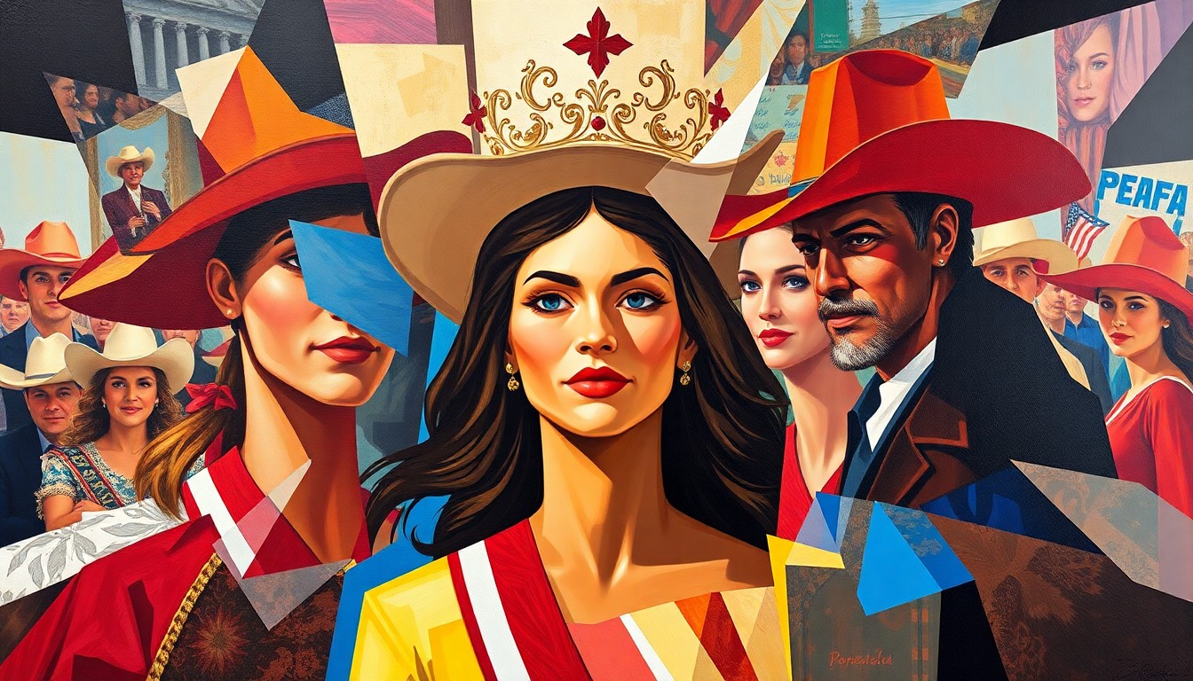 A fractured, cubist-style painting depicting the vibrant colors and geometric shapes of a rodeo queen coronation ceremony, with faces and figures dissolving into abstract forms.