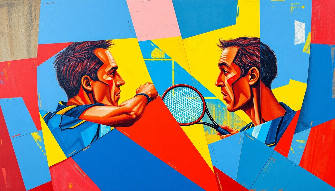 A fractured, multi-perspective painting depicting a tennis match between two players, with sharp, overlapping geometric shapes in vibrant colors representing the competitive intensity of the Sinner-Alcaraz rivalry.