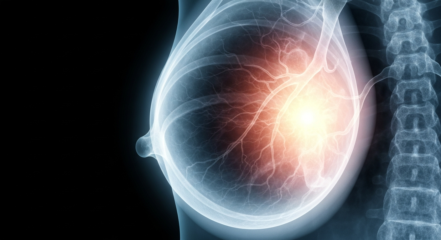 A translucent, ghostly X-ray image of a human breast, revealing the intricate network of tissues and veins that make up this vital part of the female anatomy. The image conveys the fragility and complexity of the breast, as well as the critical need for regular screening and early detection of any abnormalities.