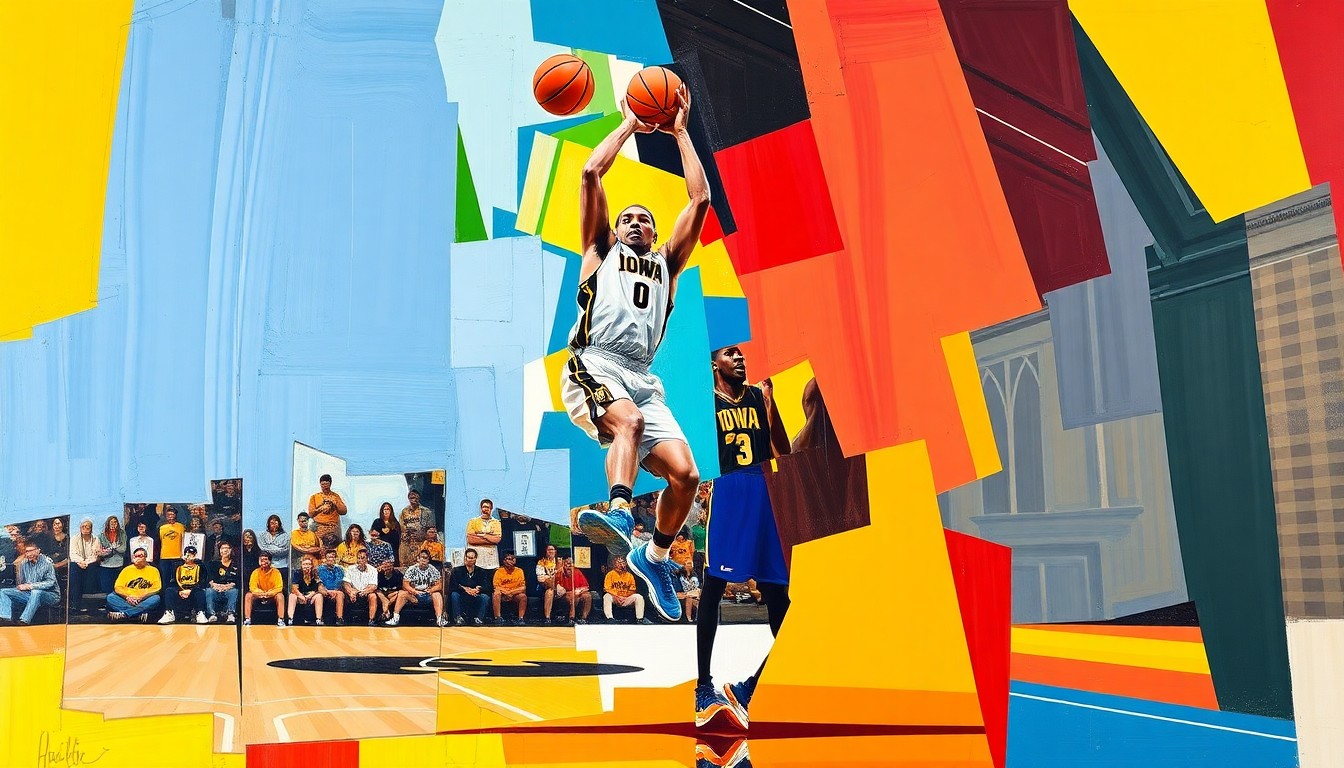 A cubist, geometric painting depicting the motion of a basketball player in mid-jump or dribble, with sharp, overlapping planes of color representing Iowa's team uniforms.