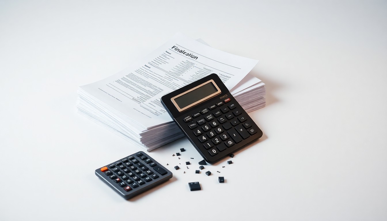 A high-end, photorealistic studio still-life featuring a stack of financial reports and a broken calculator on a clean, monochromatic background, conceptually representing the breakdown of corporate financial oversight.