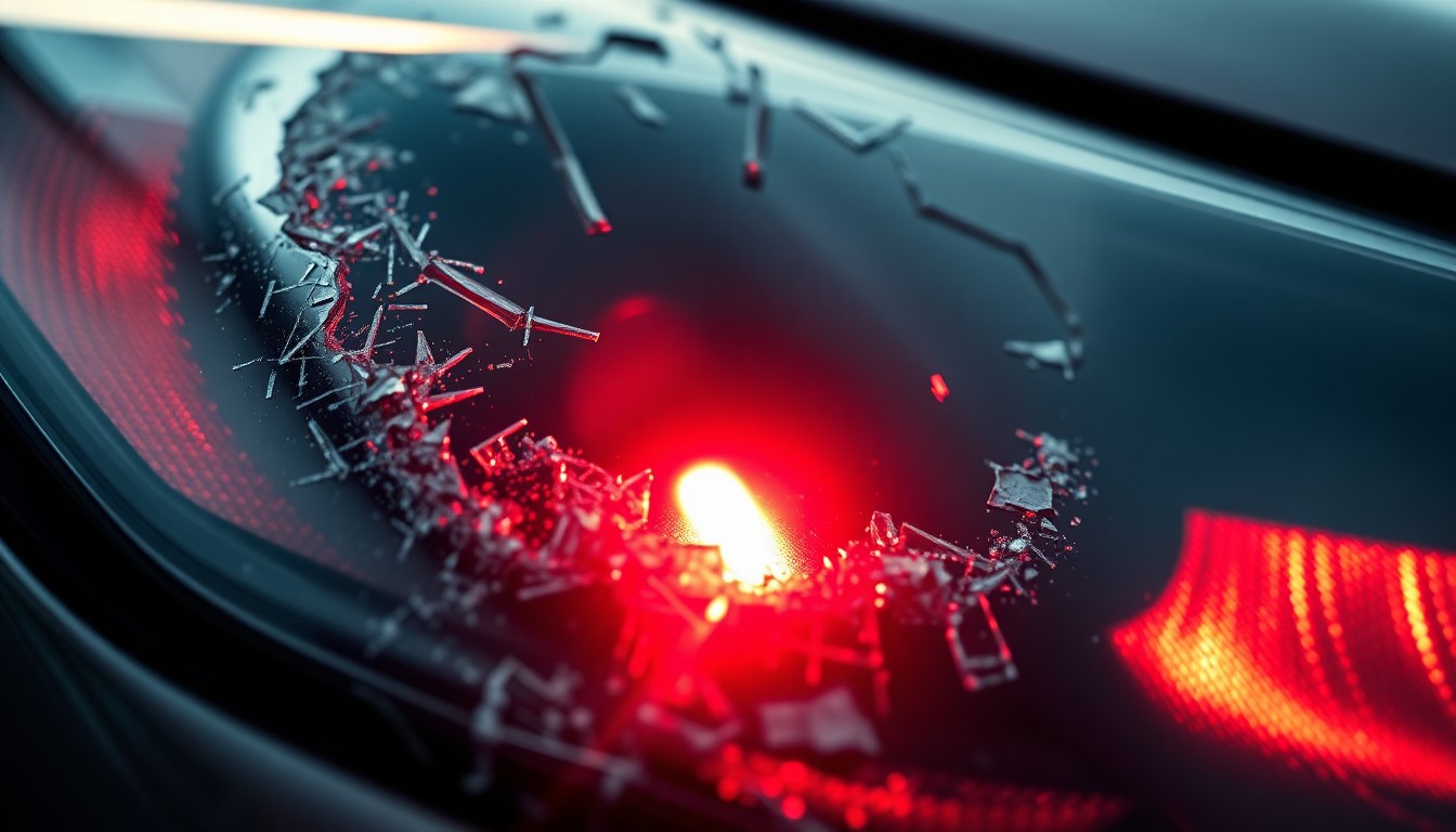 An extreme close-up of a shattered car sensor lens reflecting a faint red light, conceptually illustrating the vandalism of self-driving cars.