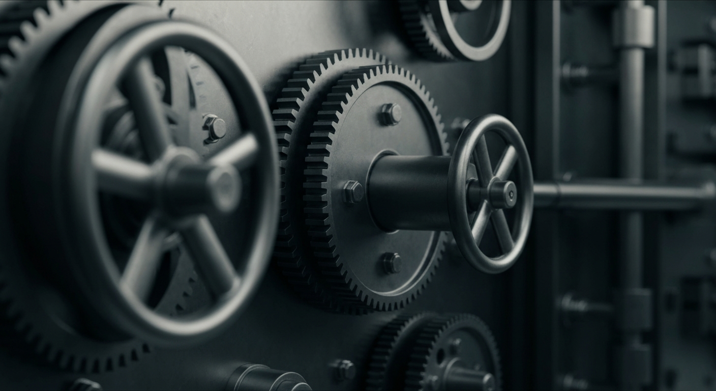 An extreme close-up of the intricate mechanical components of a bank vault, conveying a sense of security and institutional power through the heavy, industrial design.