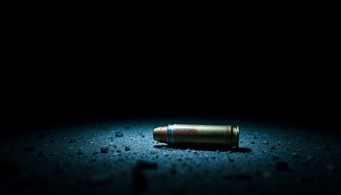 An extreme close-up photograph of a spent shell casing on the ground, lit by a harsh, direct camera flash against a pitch-black background, creating a stark, gritty, investigative aesthetic.