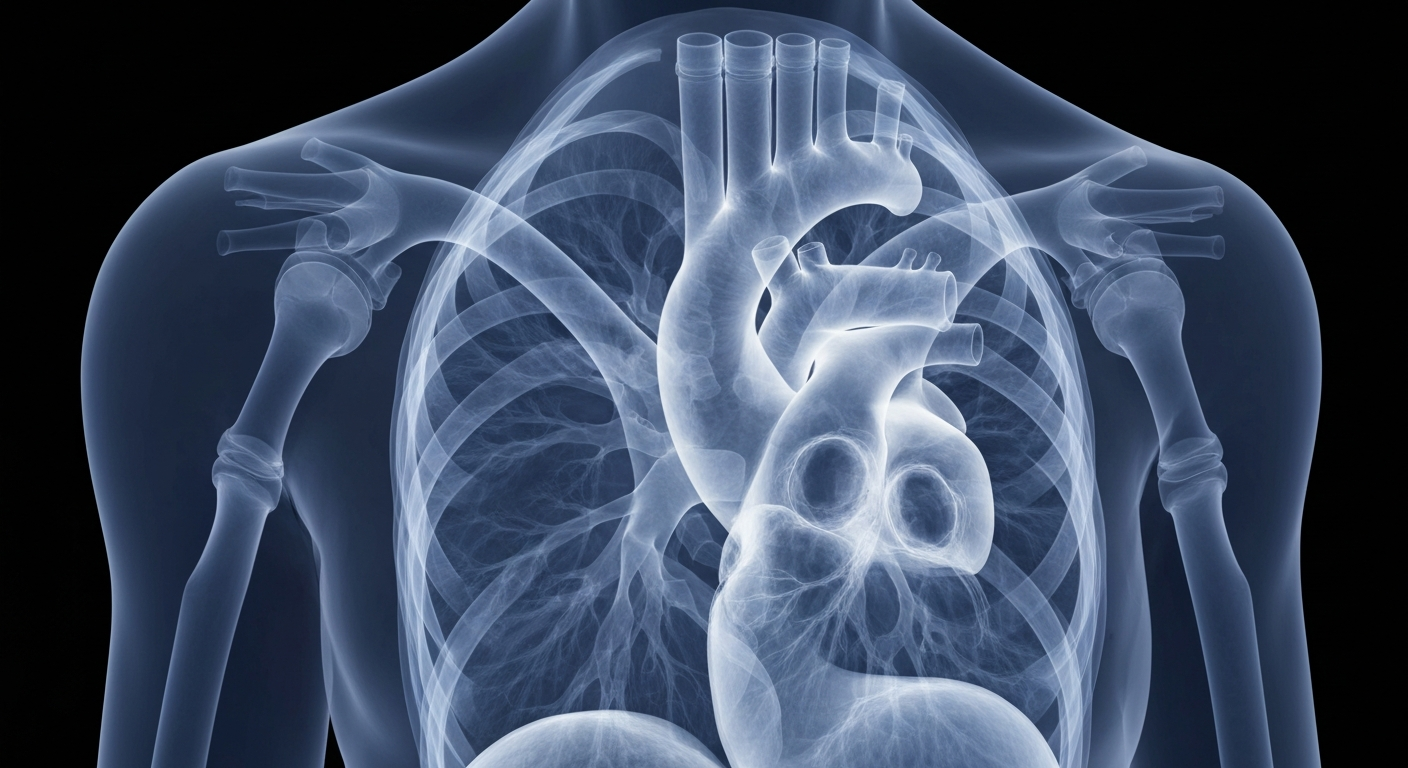 An extreme close-up X-ray image showing the delicate internal structures of a human heart and lungs, conceptually representing the vital health care services that could be impacted by proposed federal cuts.