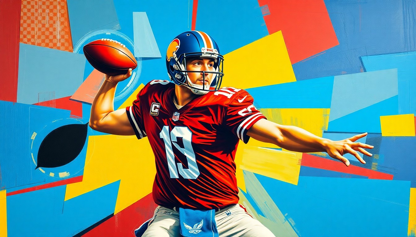A fragmented, cubist-style painting depicting a football quarterback's throwing motion, with sharp geometric shapes in vibrant colors representing the raw energy and complexity of the sport.